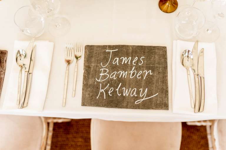 Place setting with name of guest on table mat
